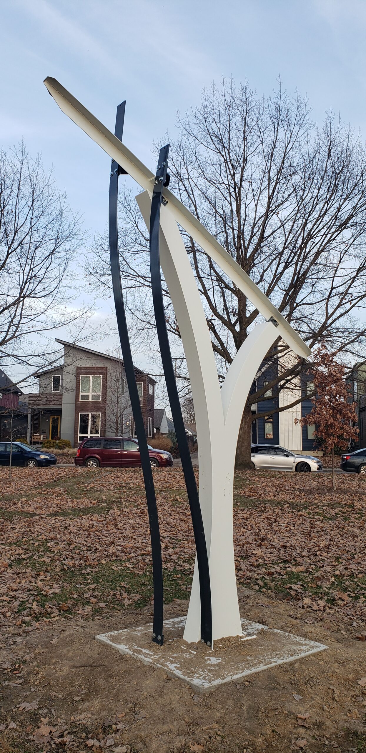 close-up image of one of three structures that make up the Stele artwork.